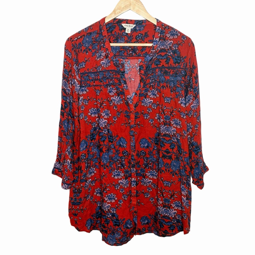 Lucky Brand Floral Boho Top Red Blue Womens Size 2X Button Up Colorful Peasant